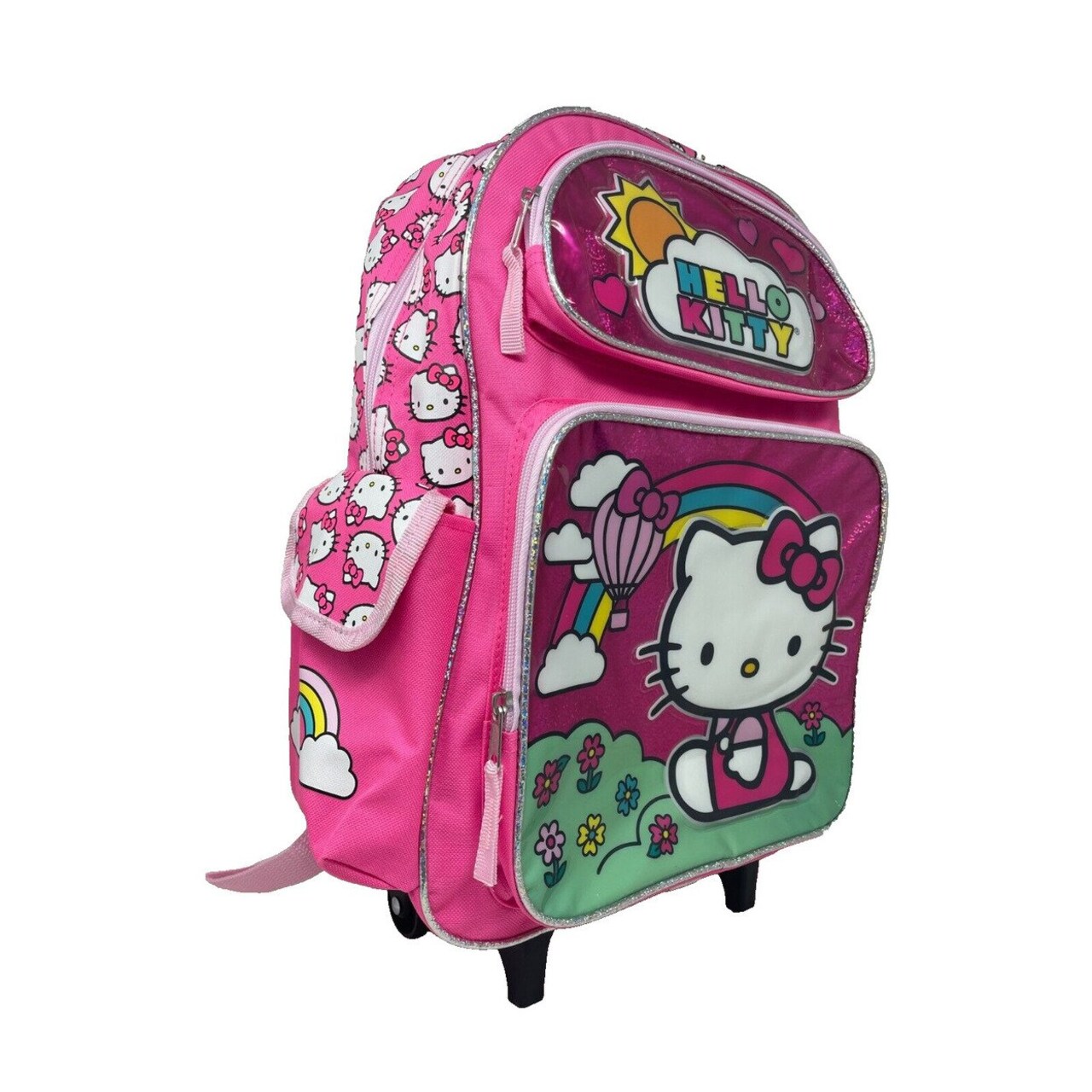 Hello Kitty 16 Inch Rolling Backpack Shinny Pink Large Travel Bag Kids School